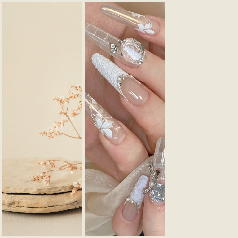 Elegant nail designs featuring intricate art and decorative gems, alongside a soft background.